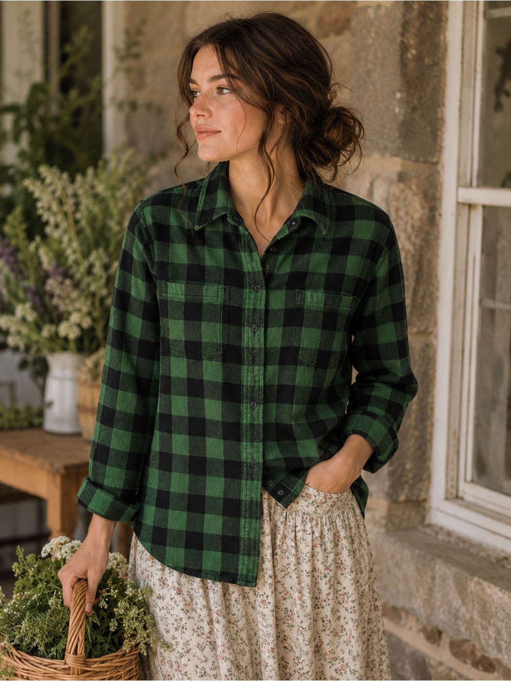 Woolrich Buffalo Check Flannel Shirt Green Black Plaid Cotton Button Up Size M